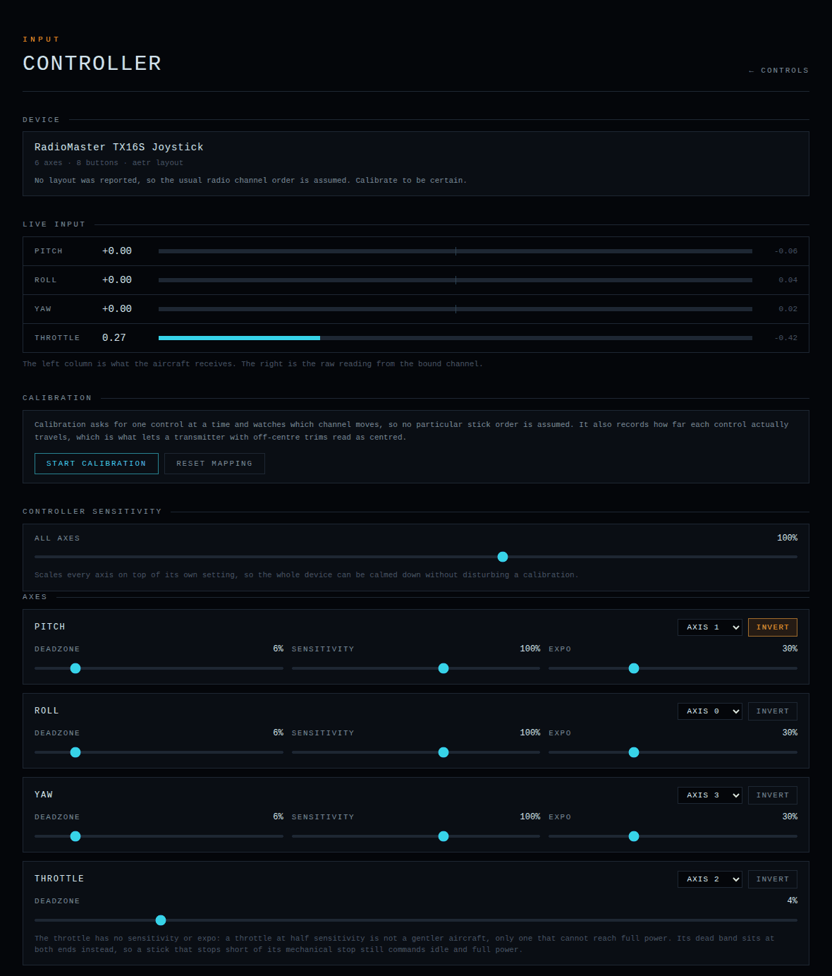 CarviWings controller setup with the device, live stick input, calibration and the per-axis settings