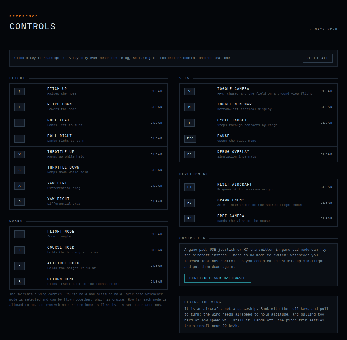 CarviWings controls screen with every action, the key on it, and what it does
