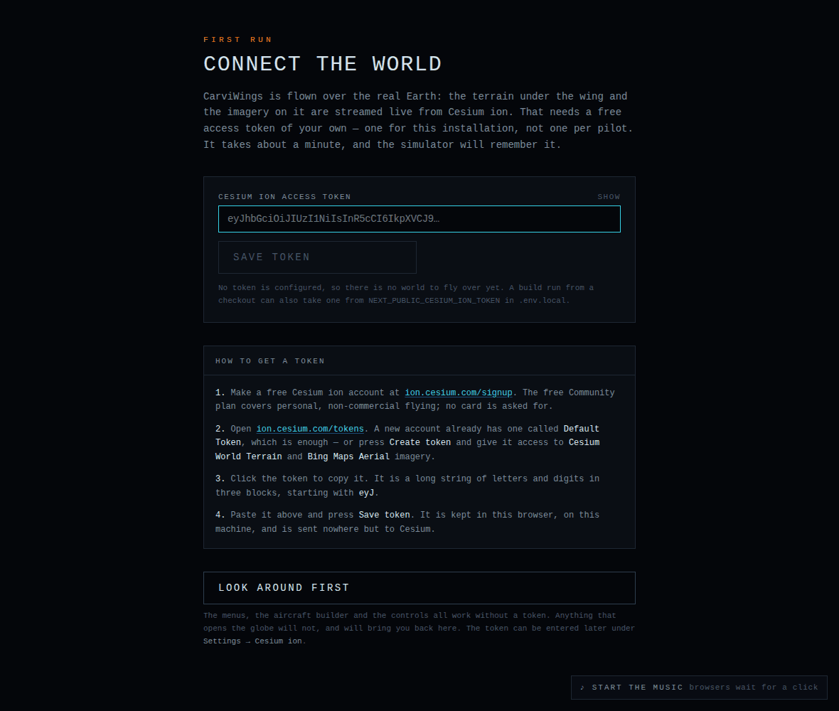 CarviWings first-run screen asking for a Cesium ion access token