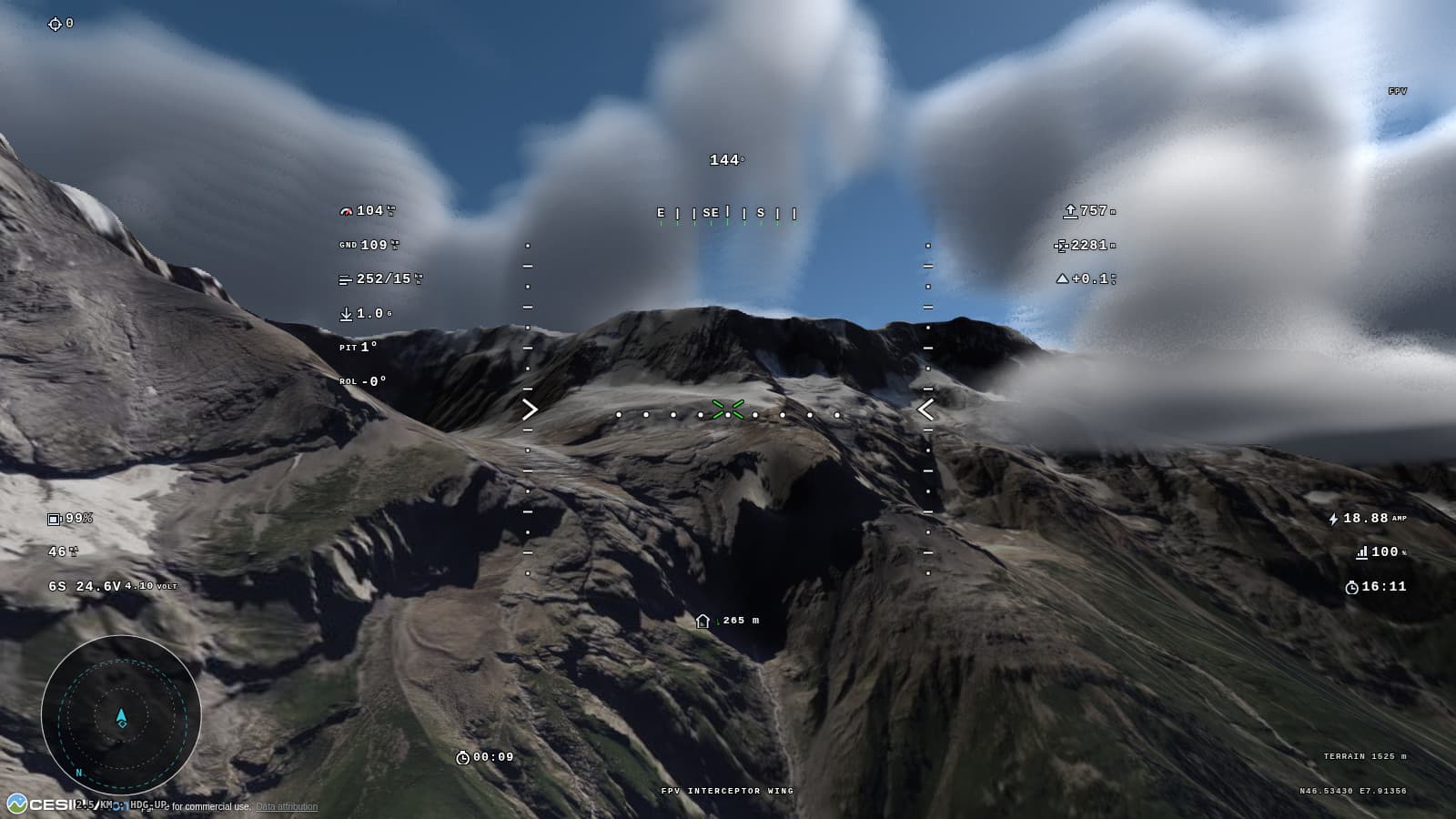 CarviWings FPV view over the Swiss Alps: the interceptor wing on the goggles at 104 km/h, 757 m above the ground