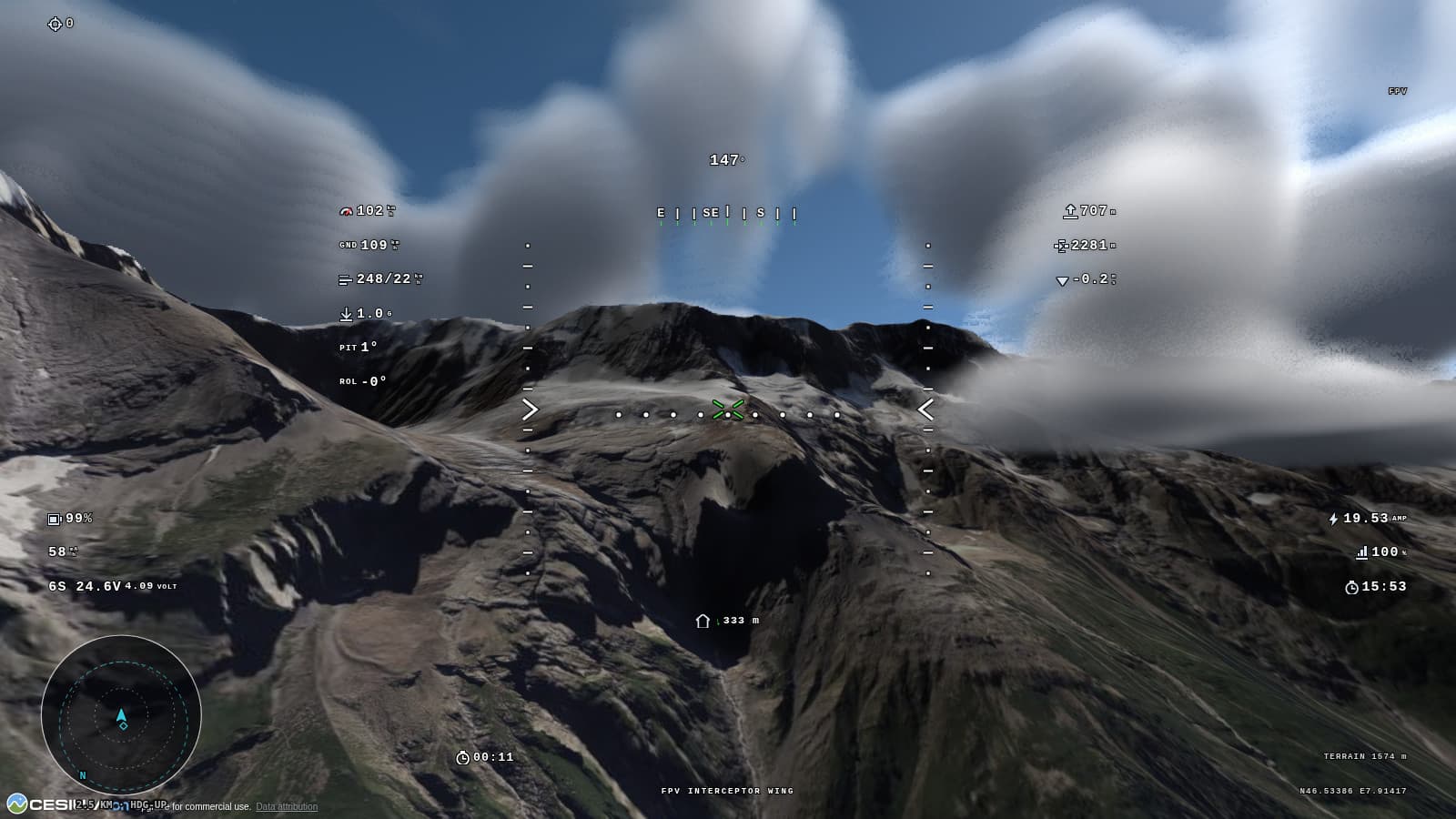CarviWings free flight over the Bernese Alps, cruising at 102 km/h under a scattered cloud deck