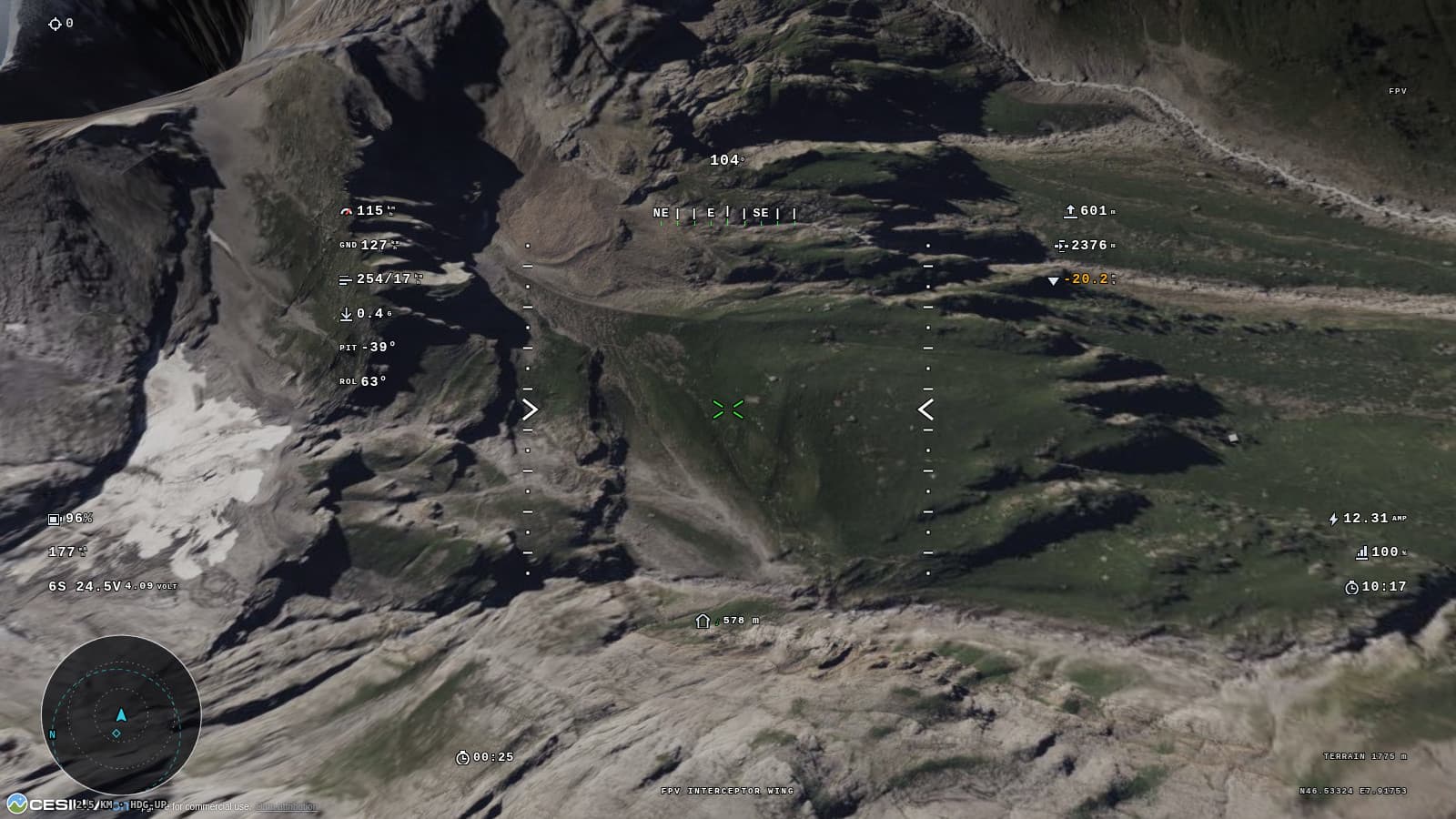 CarviWings OSD in flight showing 115 km/h, 63 degrees of bank, 39 degrees nose down and the vario in amber
