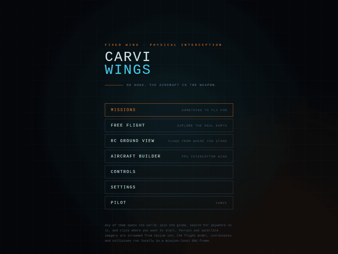 CarviWings main menu with the two open flights, the missions, the aircraft builder and the settings