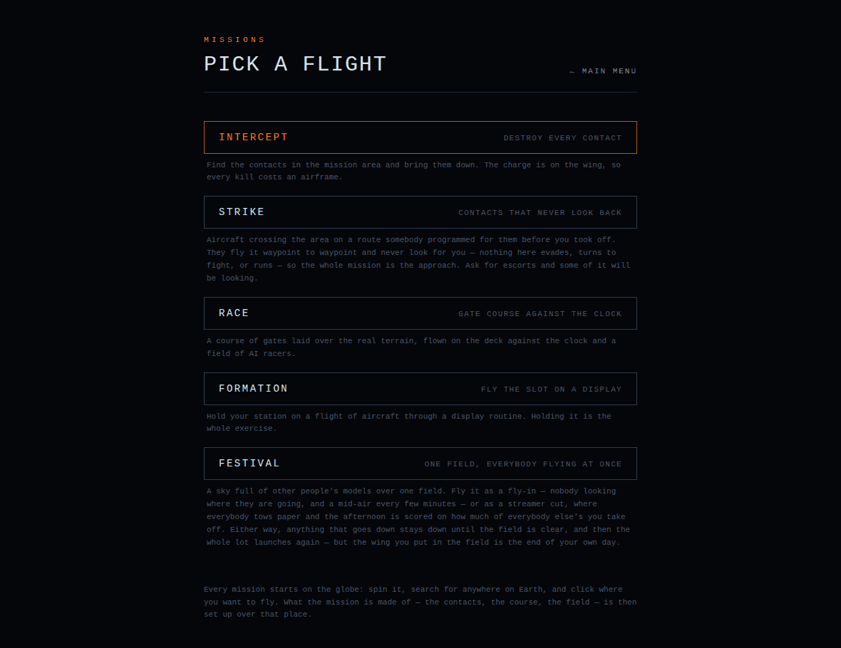 CarviWings missions screen with intercept, strike, race, formation and festival