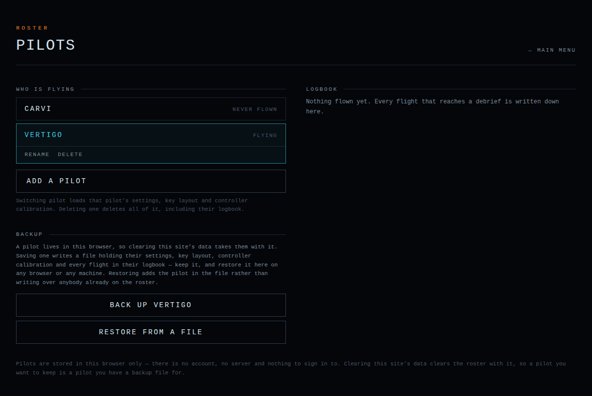 CarviWings pilot screen with the roster, the backup buttons and the logbook