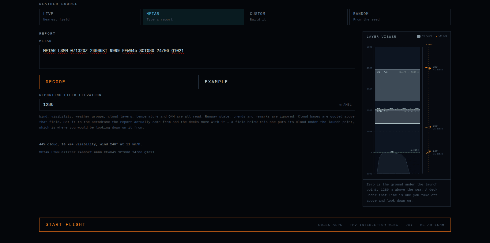 CarviWings weather panel on METAR: a report typed in, decoded, and drawn as layers beside it