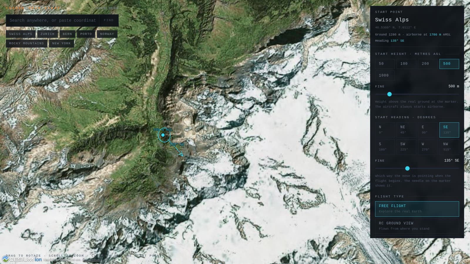 CarviWings globe with a start point in the Swiss Alps, 500 m above the ground, pointing south-east