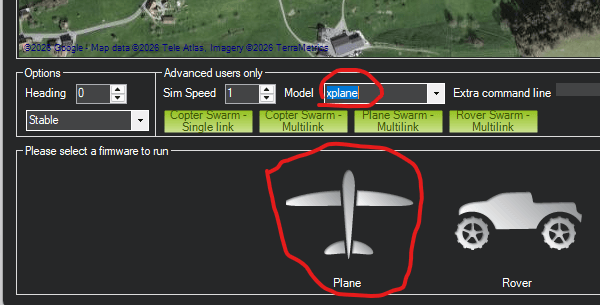 Mission Planner simulation setup with xplane model and Plane option