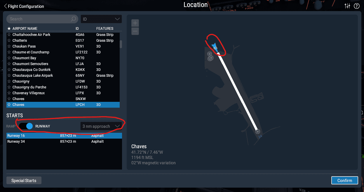 X-Plane location window with runway start and approach distance options