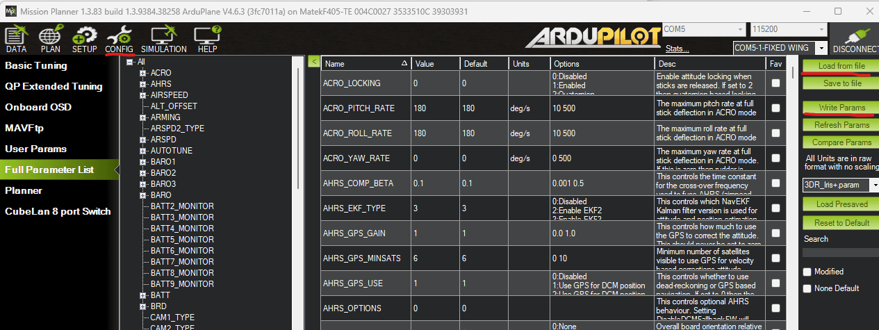 Mission Planner full parameter list with load and write parameter actions