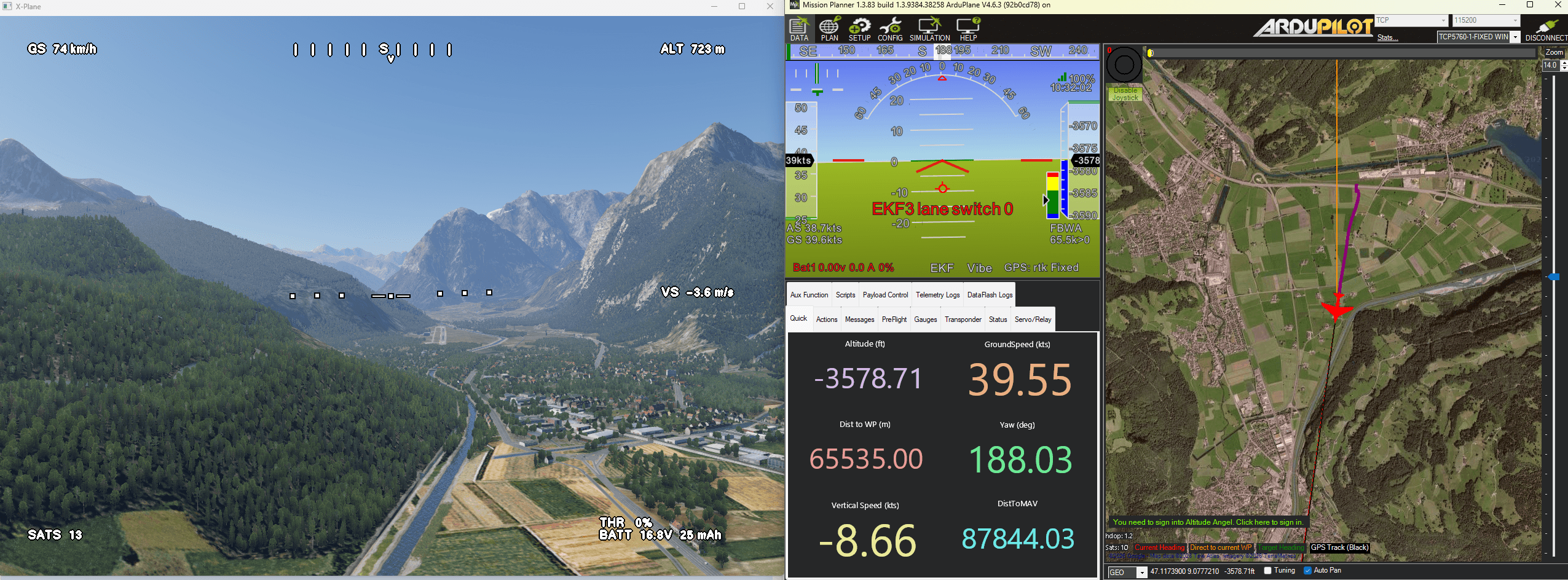 Mission Planner connected to X-Plane SITL with telemetry and moving map