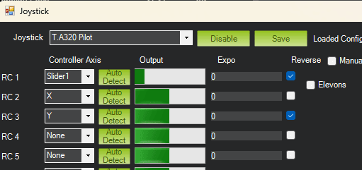 Mission Planner joystick setup window with controller axis mappings