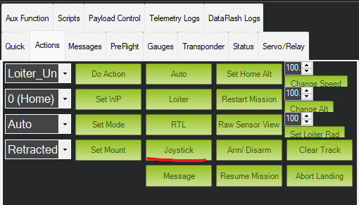 Mission Planner Actions panel with Joystick button highlighted