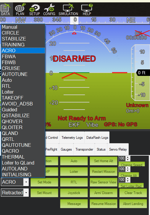 Mission Planner flight mode selector with ACRO mode selected