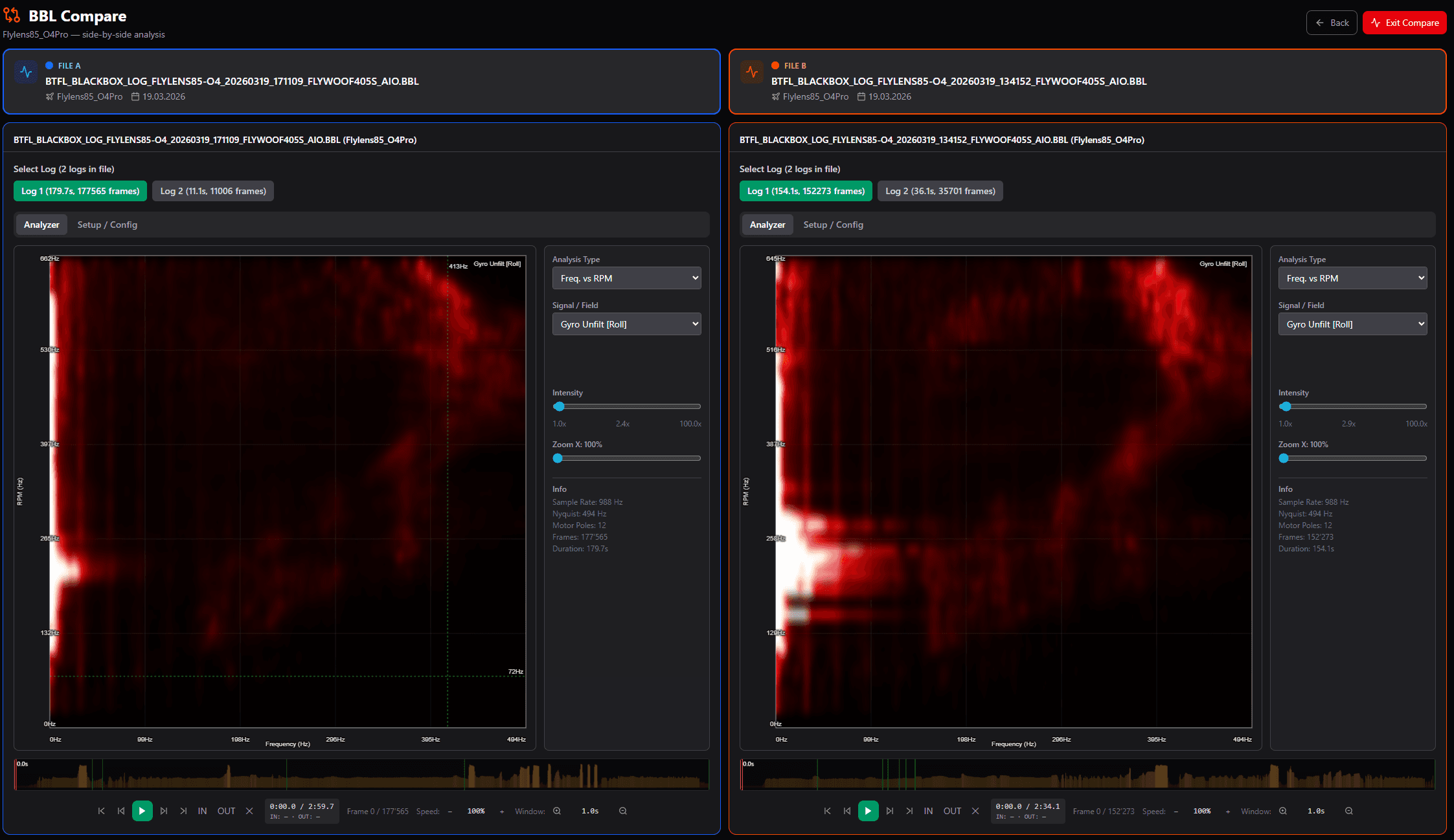 UAV Desk side-by-side blackbox compare analyzer view