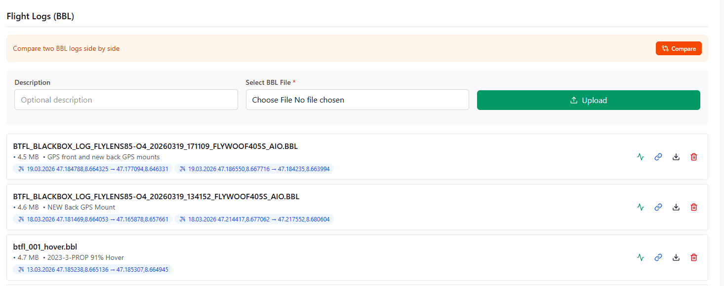 UAV Desk BBL log list with upload and compare controls